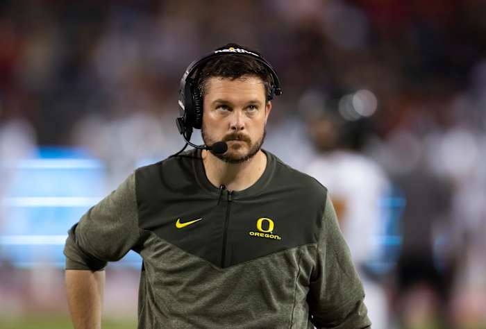 Oct 8, 2022; Tucson, Arizona, USA; Oregon Ducks head coach Dan Lanning against the Arizona Wildcats at Arizona Stadium. Mandatory Credit: Mark J. Rebilas-USA TODAY Sports